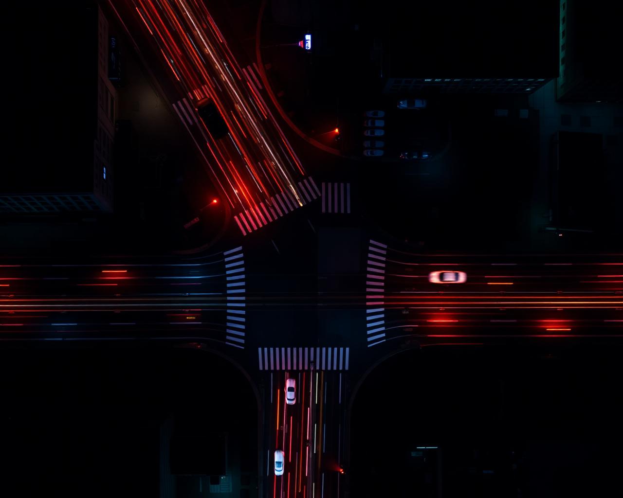 City intersection at night with monitored cameras